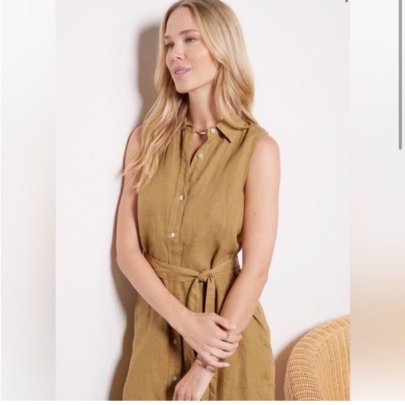 NWT! FAHERTY Women SMALL 100% Linen Sleeveless Laguna Dress Shirtdress Belted - Picture 2 of 9